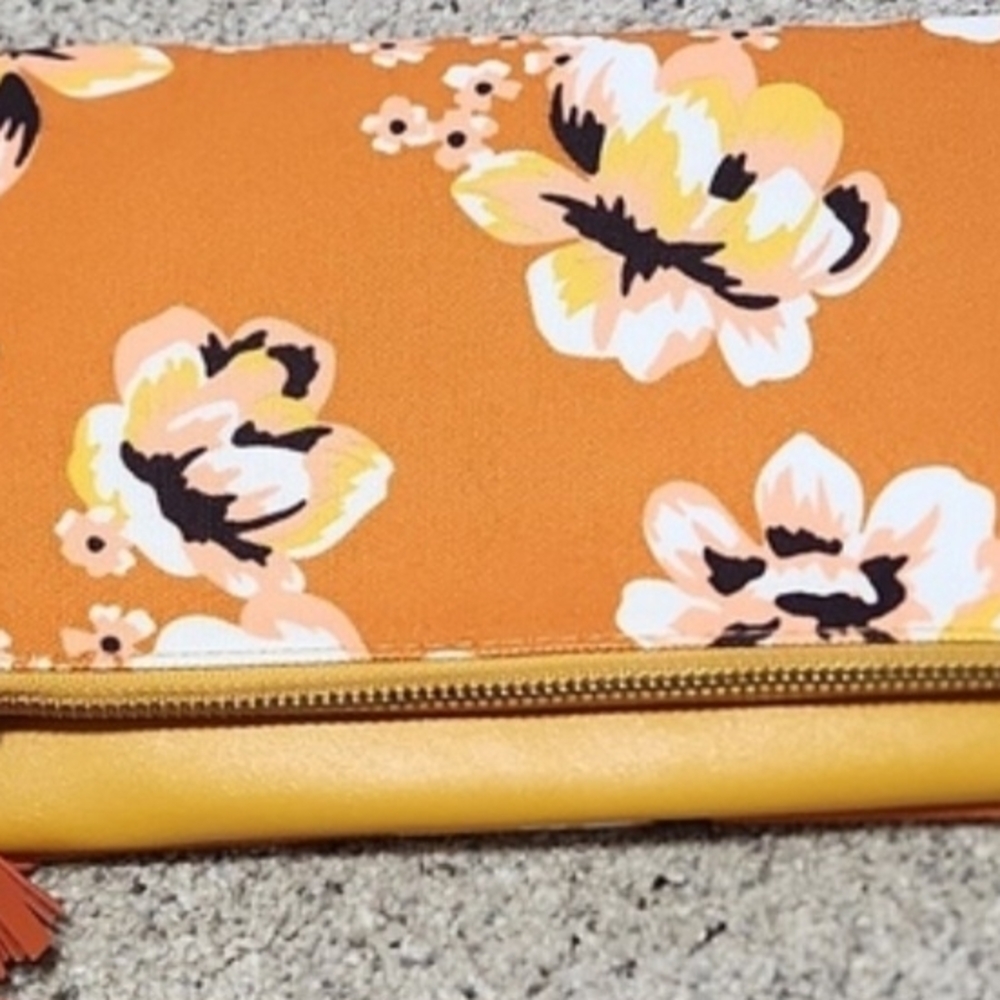 Floral Print Orange Clutch with Yellow Trim